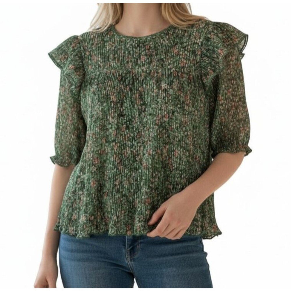 NEW Anthropologie Porridge Accordion Pleated Lace Blouse Small Green Ruffled